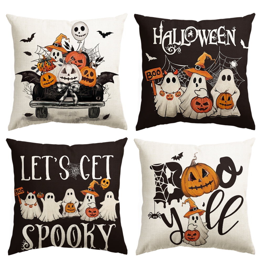 Lets Get Spooky Jack-O'-Lantern Truck Ghost Halloween Throw Pillow Cover 18 x 18 Inch Decorative Outdoor Cushion Covers Set of 4