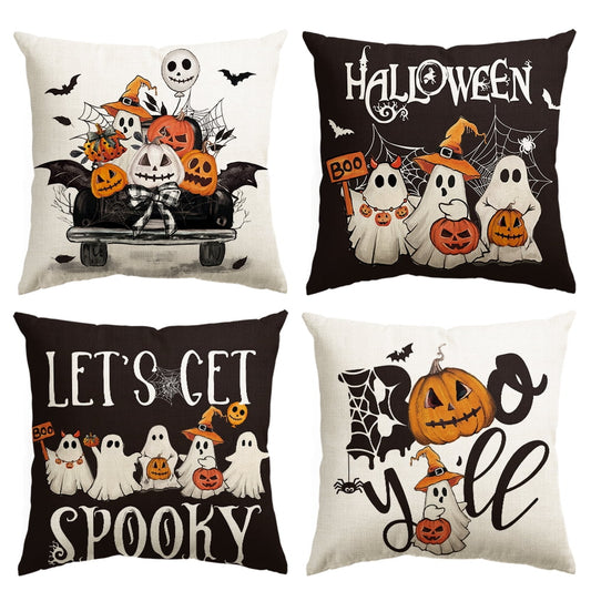 Lets Get Spooky Jack-O'-Lantern Truck Ghost Halloween Throw Pillow Cover 18 x 18 Inch Decorative Outdoor Cushion Covers Set of 4