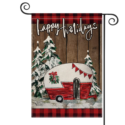 AVOIN colorlife Happy Holidays Camp Trailer Garden Flag 12x18 Inch Vertical Double Sided, Buffalo Plaid Christmas Winter Farmhouse Yard Outdoor Decoration
