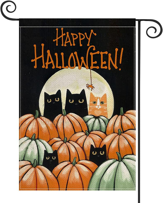 AVOIN colorlife Happy Halloween Pumpkin Garden Flag Vertical Double Sided, Black Orange Cat Moon Holiday Yard Outdoor Decoration 12.5 x 18 Inch