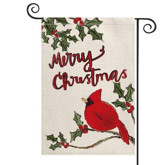 AVOIN colorlife Merry Christmas Cardinal Garden Flag 12 x 18 Inch Vertical Double Sided, Holly Winter Farmhouse Yard Outdoor Decoration