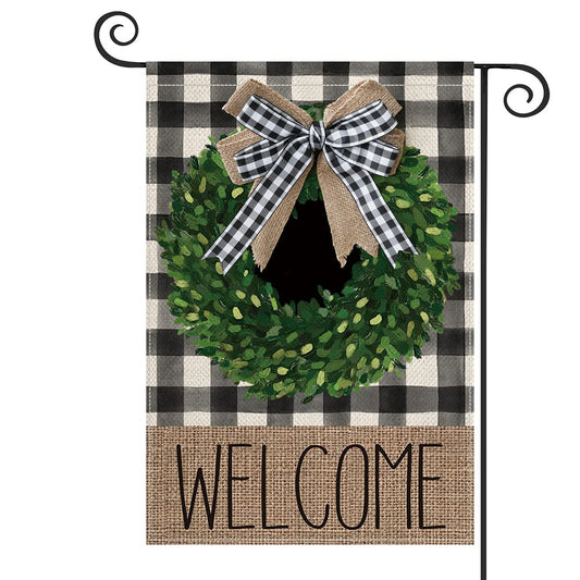 AVOIN colorlife Christmas Boxwood Wreath Welcome Garden Flag With Applique Bow 12x18 Inch Vertical Double Sided, Fall Buffalo Plaid Check Yard Outdoor Decoration