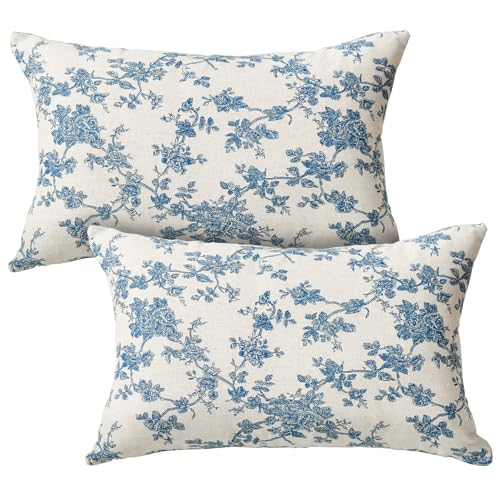 AVOIN colorlife Chinoiserie Grandmillennial Flower Throw Pillow Covers 12 x 20 Inch Set of 2, Cotton Sateen Breathable Cushion Case Soft for Sofa Couch