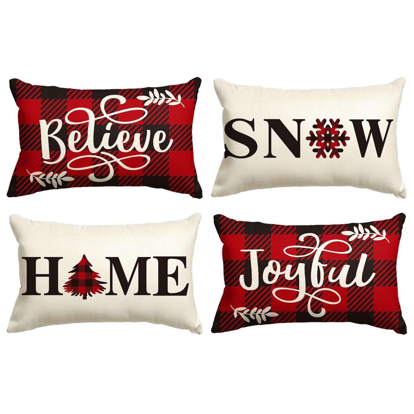 Buffalo Plaid Believe Joyful Home Snow Throw Pillow Cover, 12x20 Inch Christmas Winter Holiday Snowflake Cushion Case Decoration for Sofa Couch Set of 4