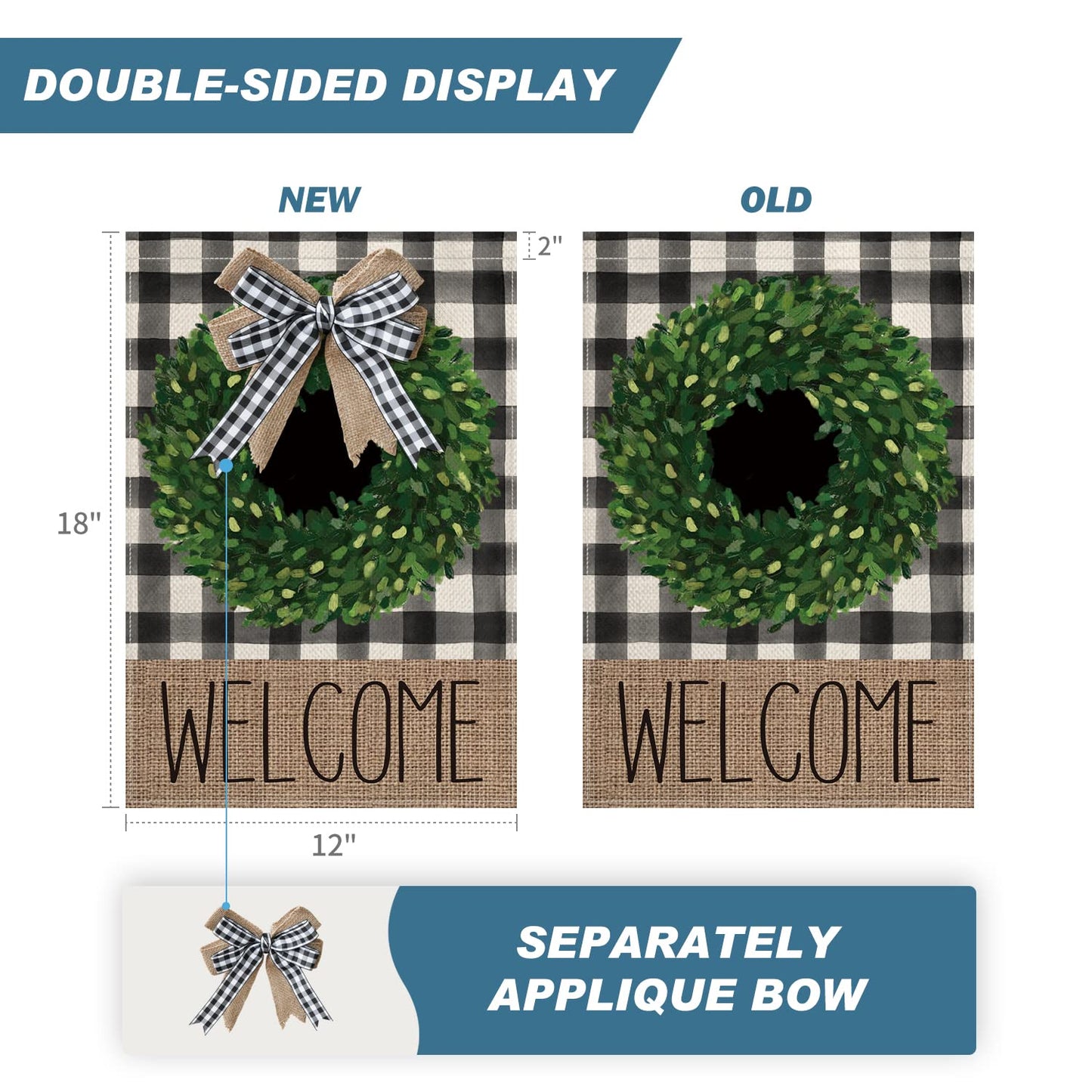 AVOIN colorlife Christmas Boxwood Wreath Welcome Garden Flag With Applique Bow 12x18 Inch Vertical Double Sided, Fall Buffalo Plaid Check Yard Outdoor Decoration