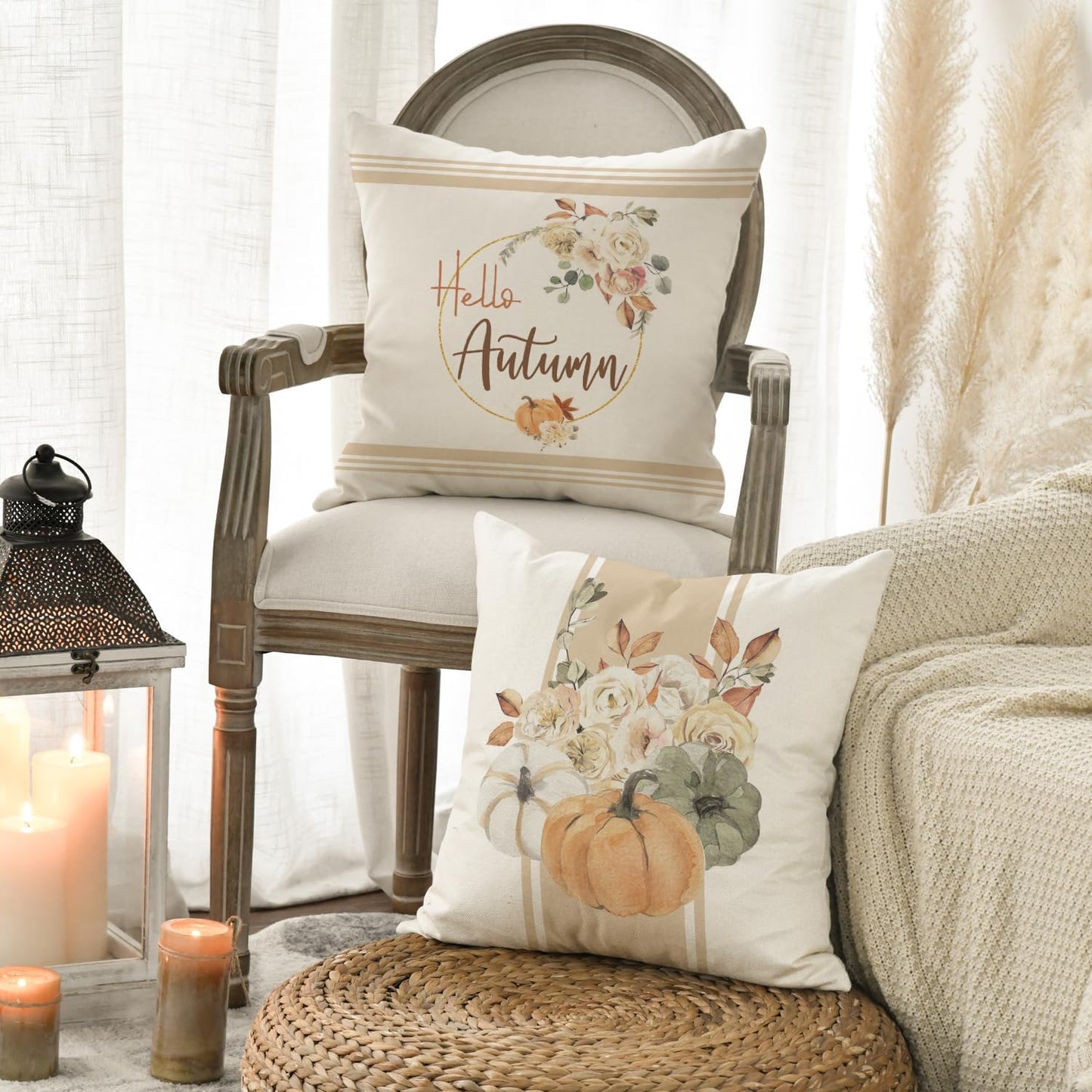 AVOIN colorlife Hello Autumn Flower Pumpkin Fall Throw Pillow Covers, 18 x 18 Inch Pillows Rose Leaves Jar Seasonal Cushion Case for Sofa Couch Set of 4