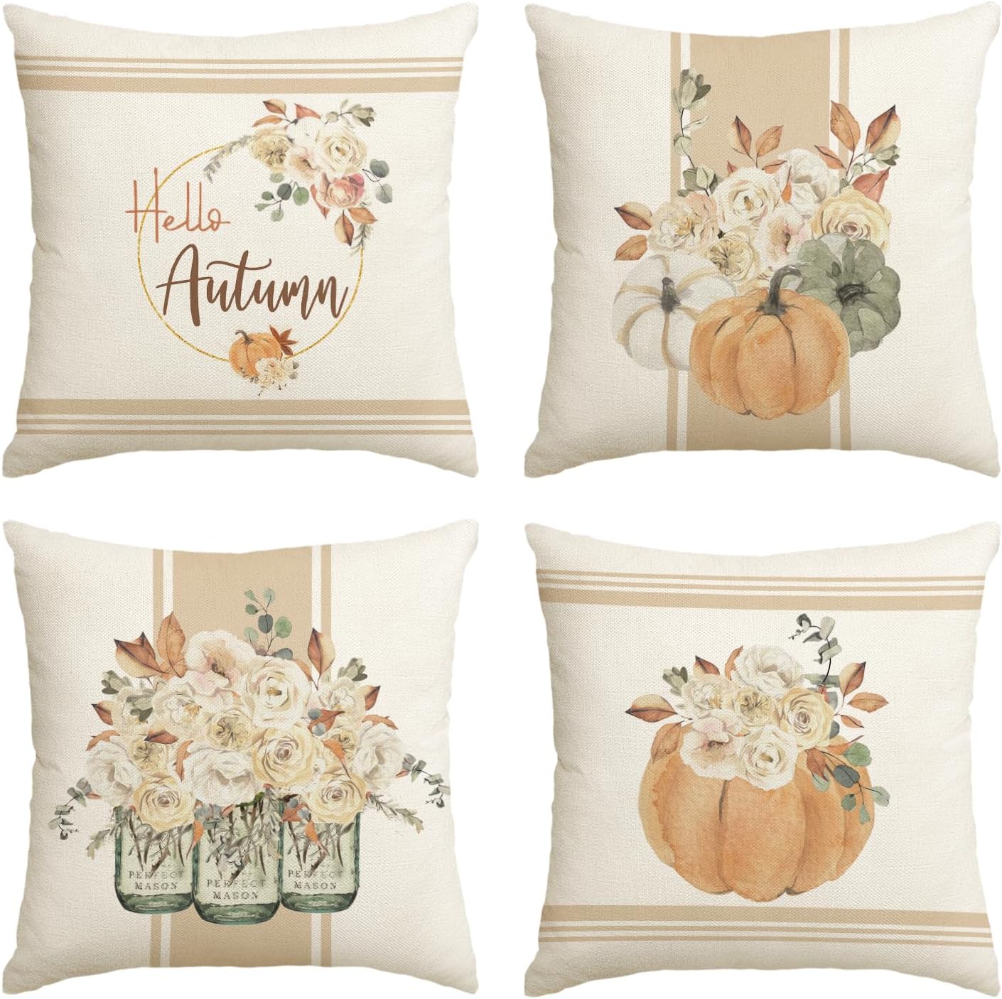 AVOIN colorlife Hello Autumn Flower Pumpkin Fall Throw Pillow Covers, 18 x 18 Inch Pillows Rose Leaves Jar Seasonal Cushion Case for Sofa Couch Set of 4