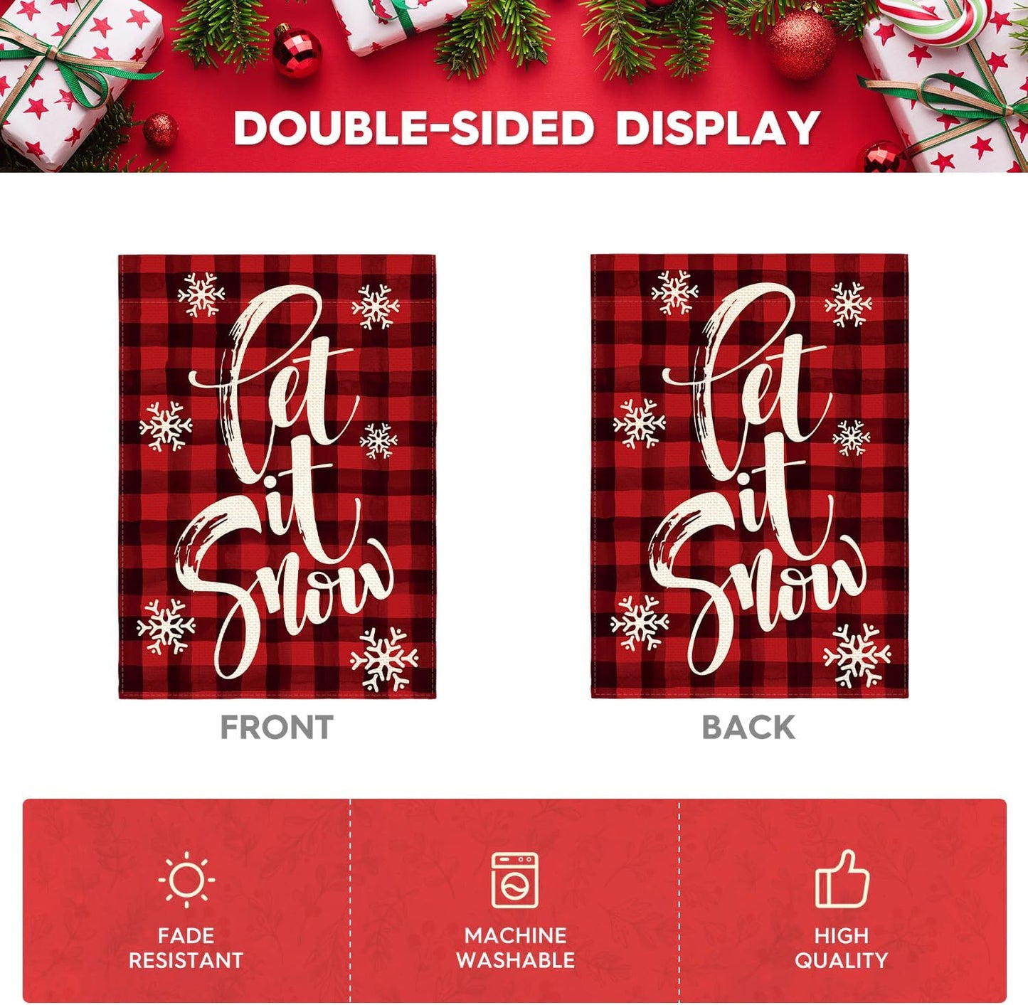 AVOIN colorlife Watercolor Buffalo Plaid Let it Snow House Flag Double Sided, Christmas Winter Holiday Yard Outdoor Decorative Flag 28 x 40 Inch