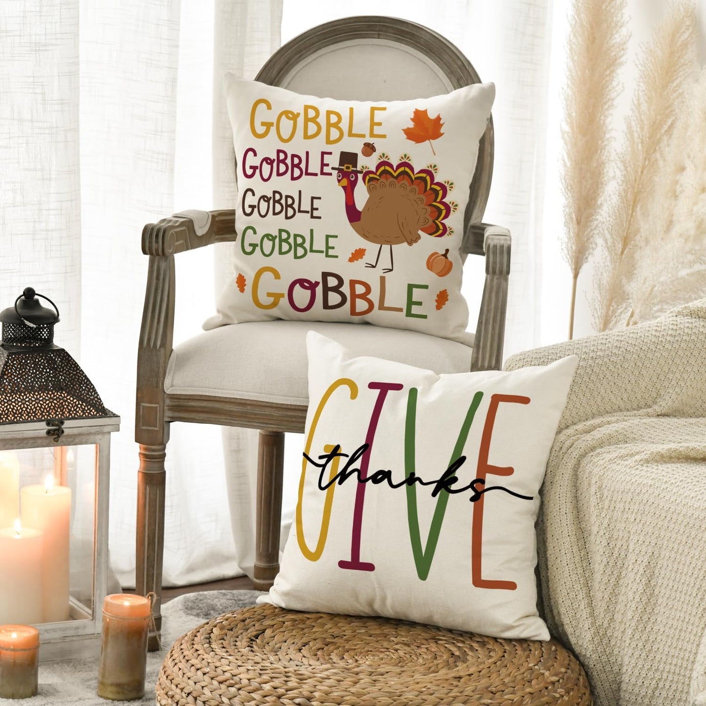 AVOIN colorlife Thanksgiving Gobble Turkey Pumpkin Throw Pillow Covers, 18 x 18 Inch Give Thanks Happy Harvest Cushion Case for Sofa Couch Set of 4