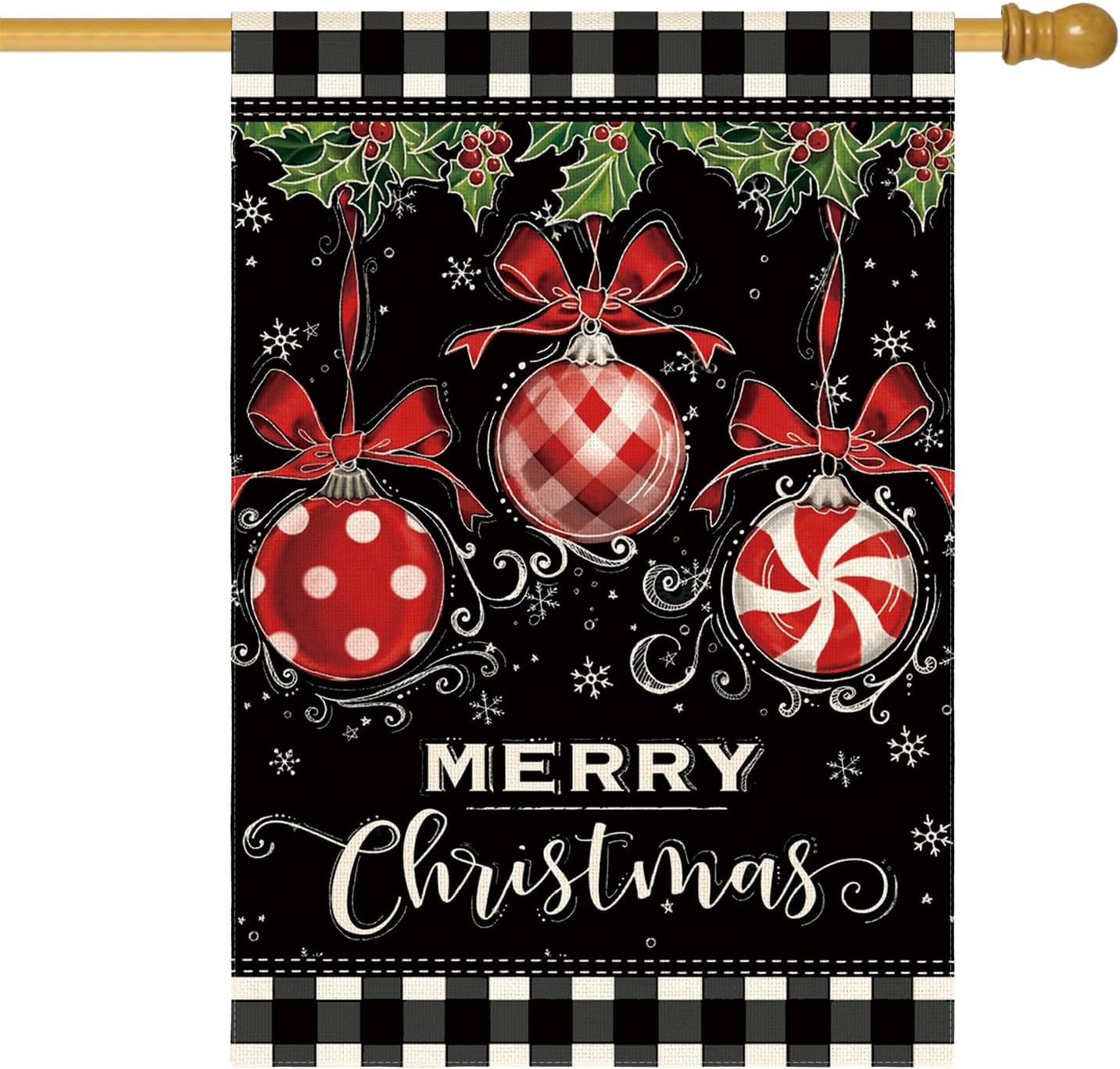 AVOIN colorlife Buffalo Plaid Merry Christmas House Flag 28x40 Inch Double Sided, Ornament Holly Berries Winter Farmhouse Yard Outdoor Decorative Flag