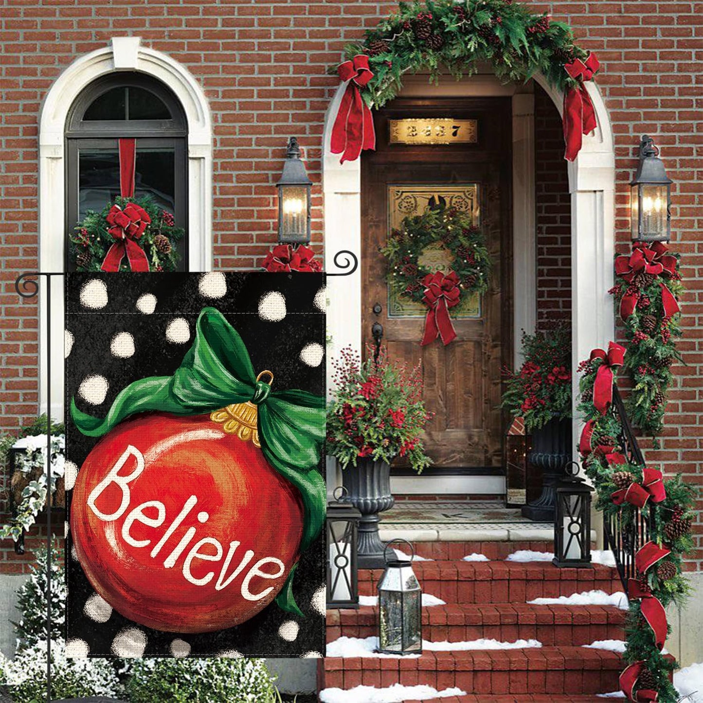 AVOIN colorlife Polka Dot Believe Christmas Garden Flag 12x18 Inch Double Sided, Ornament Baubles Winter Farmhouse Yard Outdoor Decorative Flag
