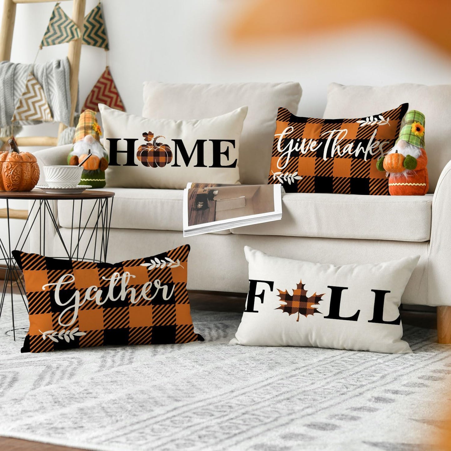 AVOIN colorlife Home Fall Buffalo Check Plaid Pumpkin Maple Leaf Throw Pillow Cover, 18 x 18 Inch Autumn Give Thanks Gather Farmhouse Cushion Case for Sofa Couch Set of 4