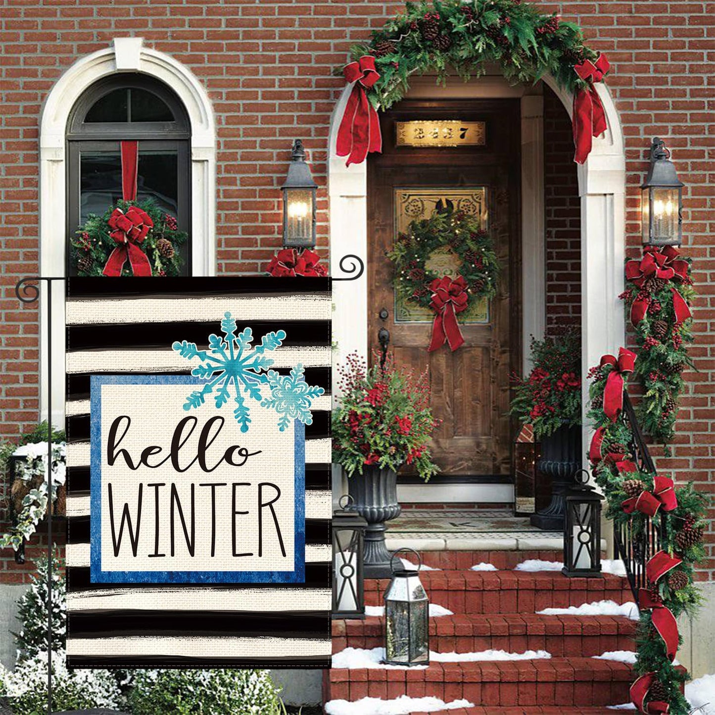AVOIN Watercolor Stripe Hello Winter Snowflake Garden Flag 12 x 18 Inch Double Sided, Christmas Holiday Party Yard Outdoor Decorative Flag