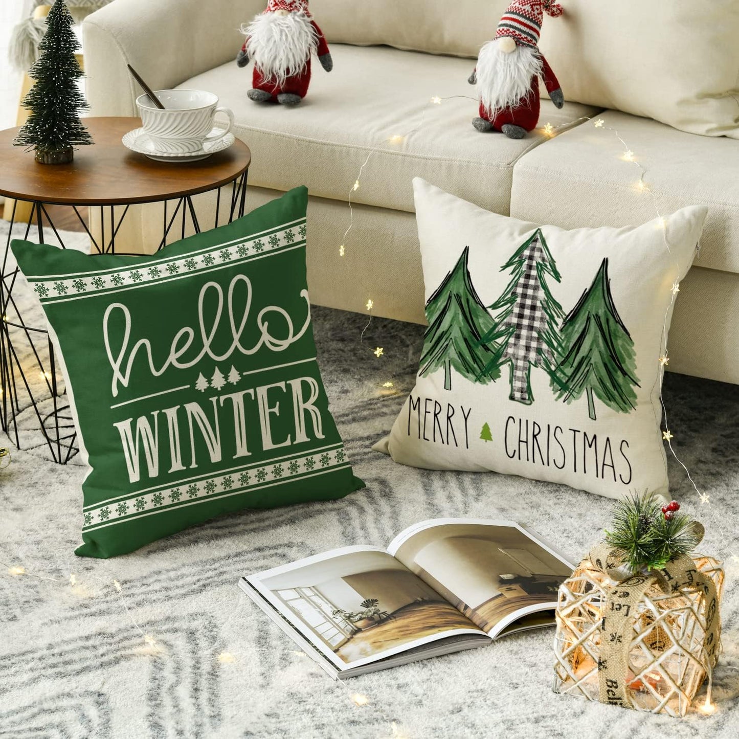 AVOIN colorlife Merry Christmas Trees Mottos Green Throw Pillow Covers, 18 x 18 Inch Hello Winter Let it Snow Holiday Cushion Case Decoration for Sofa Couch Set of 4