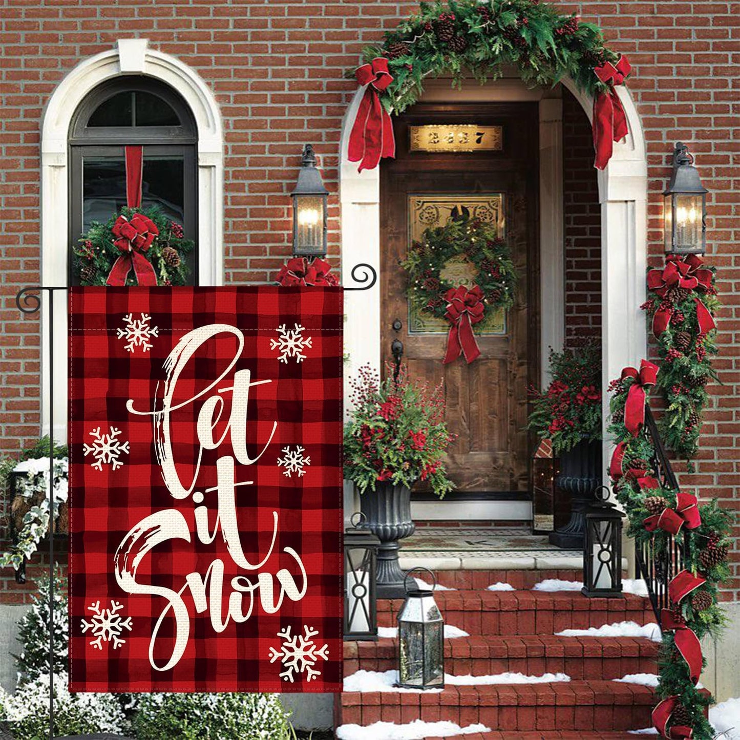 AVOIN colorlife Watercolor Buffalo Plaid Let it Snow Garden Flag Double Sided, Christmas Winter Holiday Yard Outdoor Decorative Flag 12 x 18 Inch