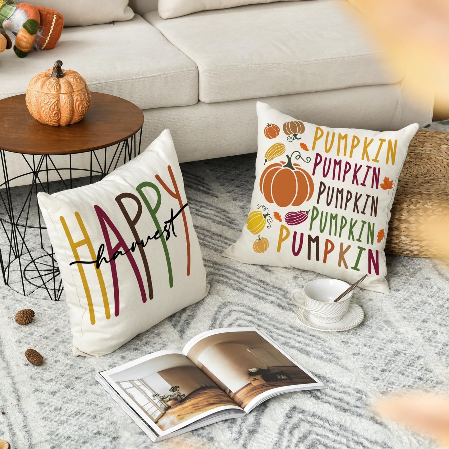 AVOIN colorlife Thanksgiving Gobble Turkey Pumpkin Throw Pillow Covers, 18 x 18 Inch Give Thanks Happy Harvest Cushion Case for Sofa Couch Set of 4