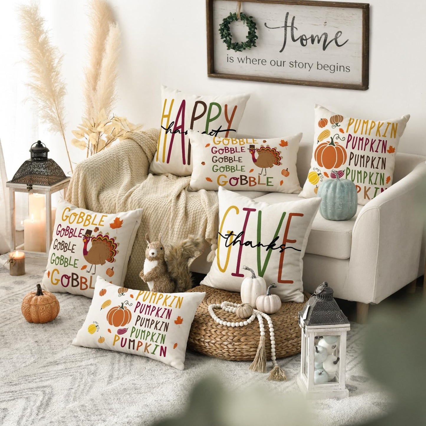 AVOIN colorlife Thanksgiving Gobble Turkey Pumpkin Throw Pillow Covers, 18 x 18 Inch Give Thanks Happy Harvest Cushion Case for Sofa Couch Set of 4
