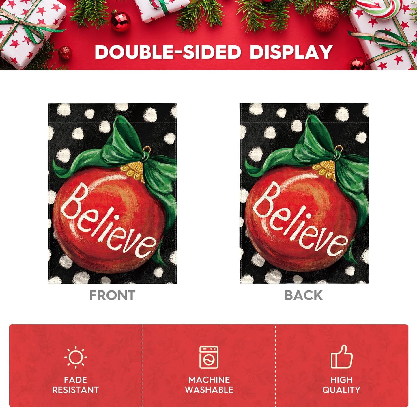 AVOIN colorlife Polka Dot Believe Christmas Garden Flag 12x18 Inch Double Sided, Ornament Baubles Winter Farmhouse Yard Outdoor Decorative Flag