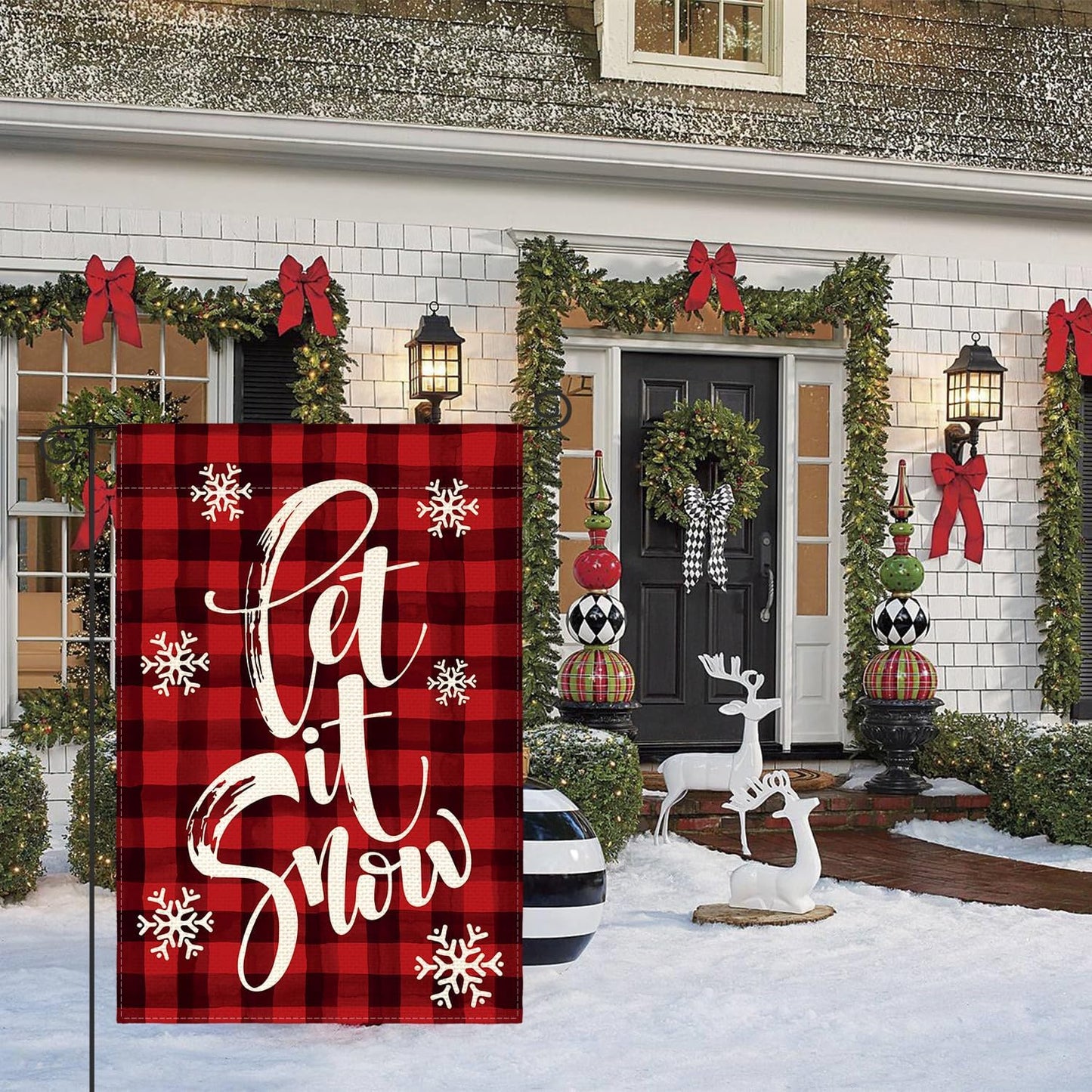 AVOIN colorlife Watercolor Buffalo Plaid Let it Snow Garden Flag Double Sided, Christmas Winter Holiday Yard Outdoor Decorative Flag 12 x 18 Inch