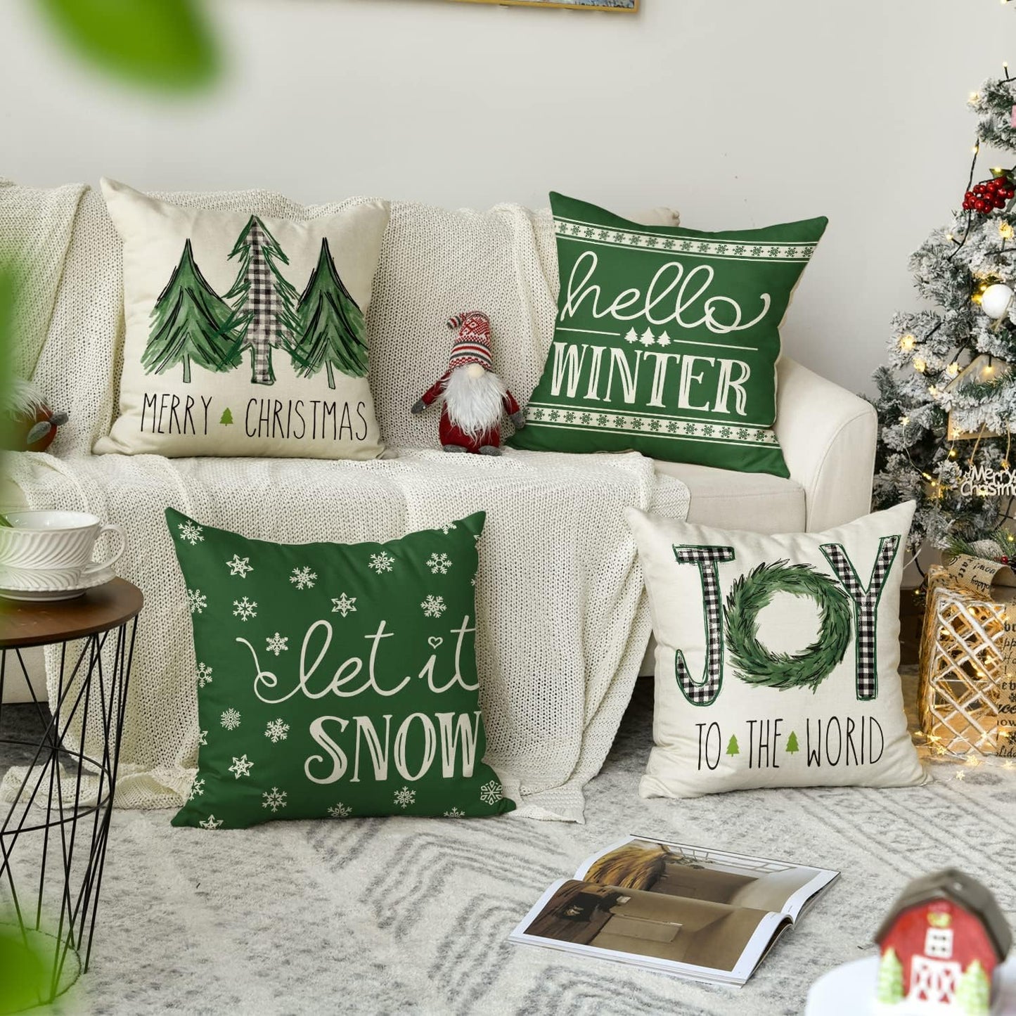 AVOIN colorlife Merry Christmas Trees Mottos Green Throw Pillow Covers, 18 x 18 Inch Hello Winter Let it Snow Holiday Cushion Case Decoration for Sofa Couch Set of 4