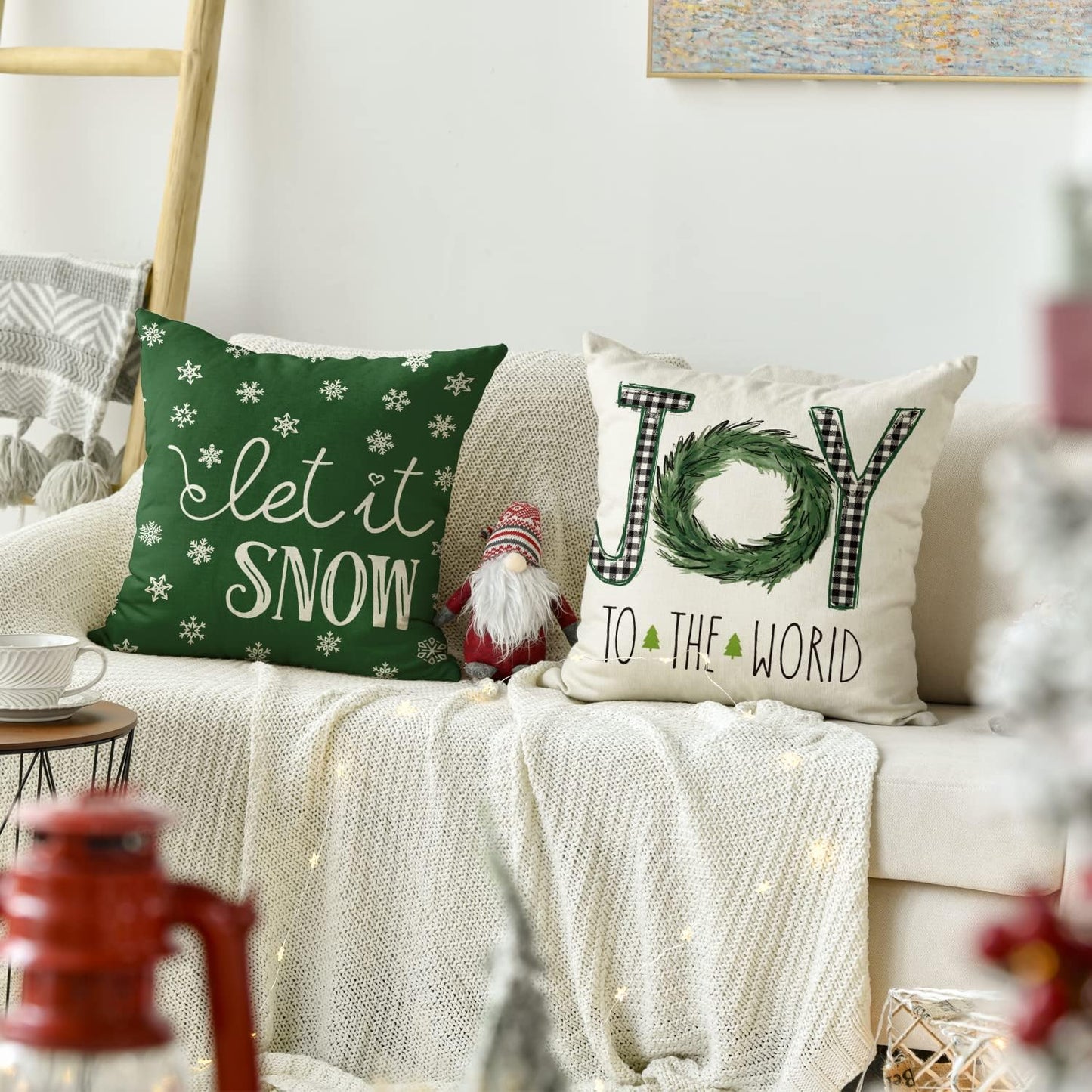AVOIN colorlife Merry Christmas Trees Mottos Green Throw Pillow Covers, 18 x 18 Inch Hello Winter Let it Snow Holiday Cushion Case Decoration for Sofa Couch Set of 4