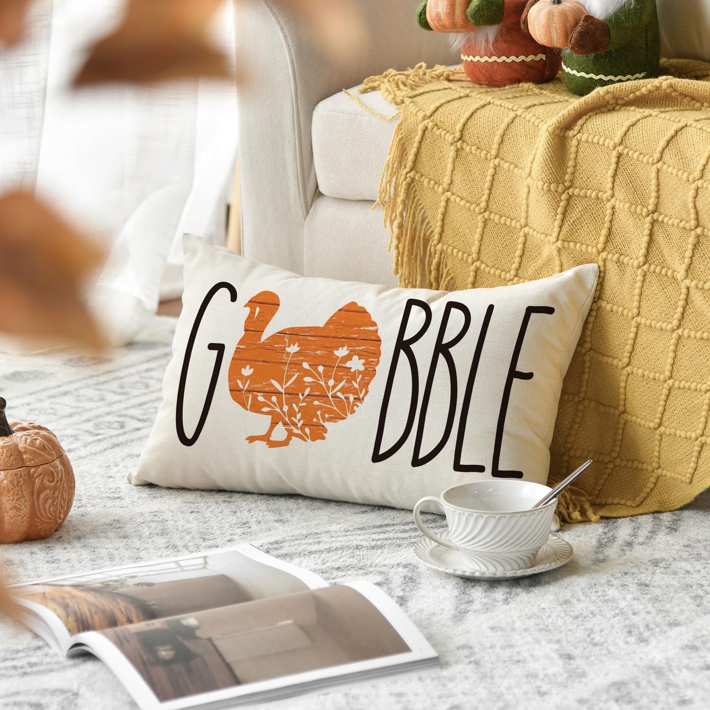 AVOIN colorlife Gobble Thanksgiving Turkey Throw Pillow Cover, 12 x 20 Inch Thanksgiving Fall Cushion Case for Sofa Couch