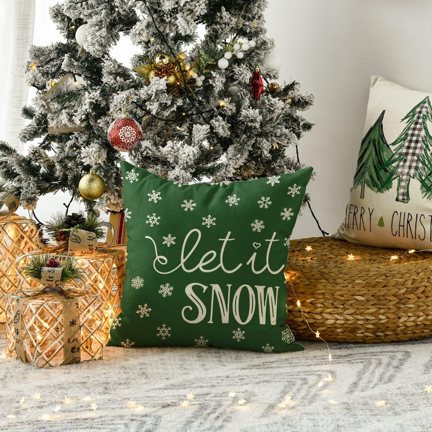 AVOIN colorlife Merry Christmas Trees Mottos Green Throw Pillow Covers, 18 x 18 Inch Hello Winter Let it Snow Holiday Cushion Case Decoration for Sofa Couch Set of 4