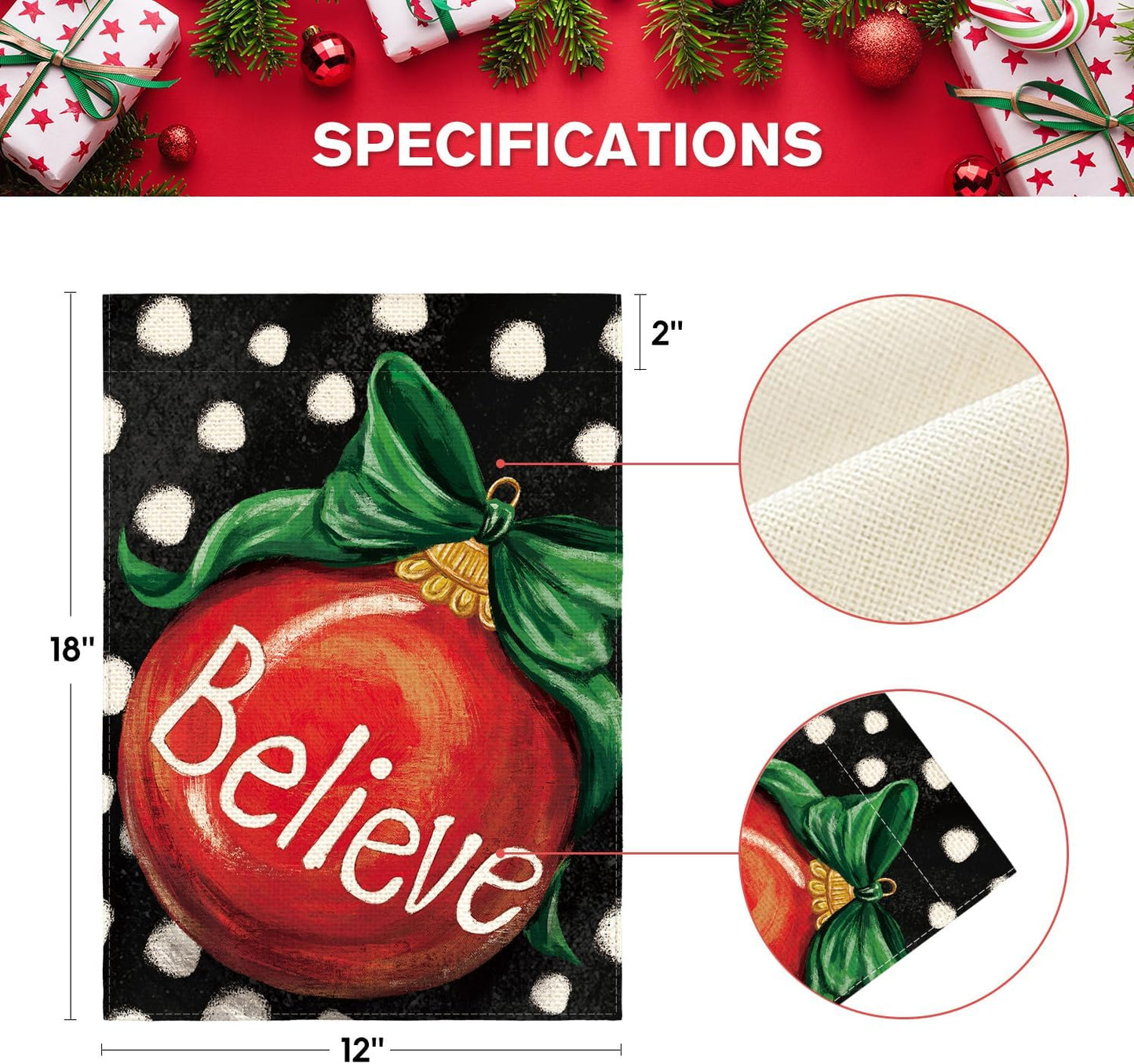 AVOIN colorlife Polka Dot Believe Christmas Garden Flag 12x18 Inch Double Sided, Ornament Baubles Winter Farmhouse Yard Outdoor Decorative Flag