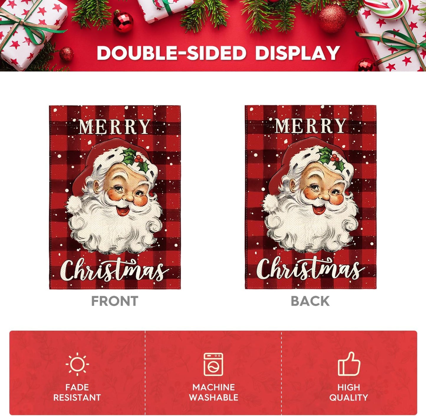 AVOIN colorlife Merry Christmas Santa Claus Garden Flag 12 x 18 Inch Double Sided, Watercolor Buffalo Plaid Winter Holiday Yard Outdoor Decorative Flag