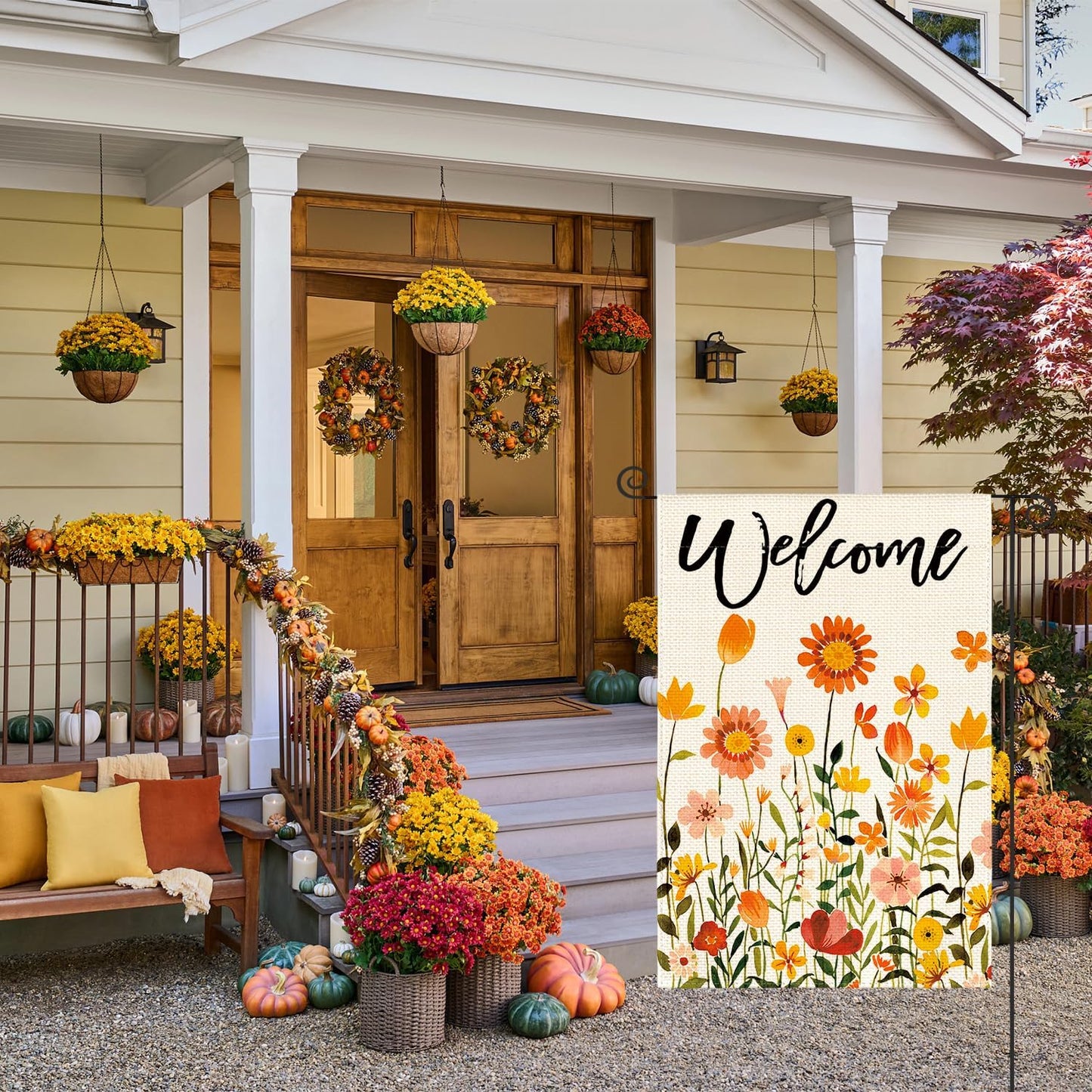 AVOIN It's Fall Y'all Watercolor Pumpkin Maple Leaves Acorn Wood Garden Flag Vertical Double Sized, Autumn Farmhouse Thanksgiving Yard Outdoor Decoration 12.5 x 18 Inch