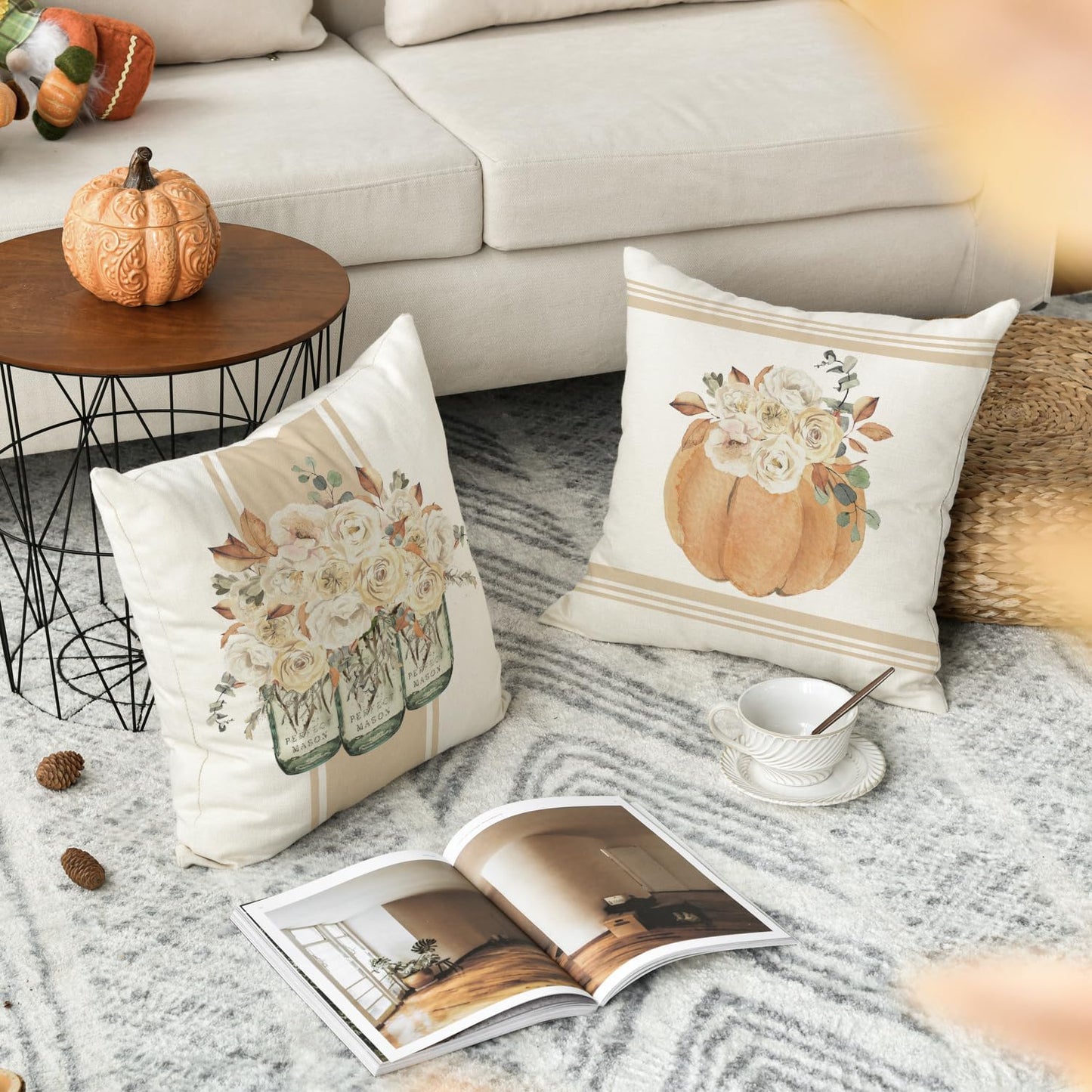 AVOIN colorlife Hello Autumn Flower Pumpkin Fall Throw Pillow Covers, 18 x 18 Inch Pillows Rose Leaves Jar Seasonal Cushion Case for Sofa Couch Set of 4
