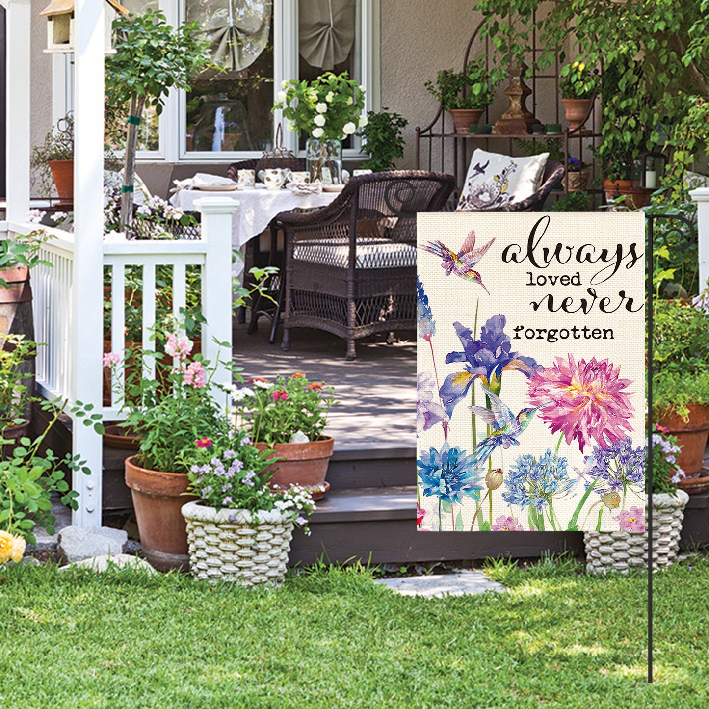 AVOIN colorlife Always Loved Never Forgotten Memorial Garden Flag 12x18 Inch Double Sided Outside, Hummingbird Spring Summer Yard Outdoor Decoration