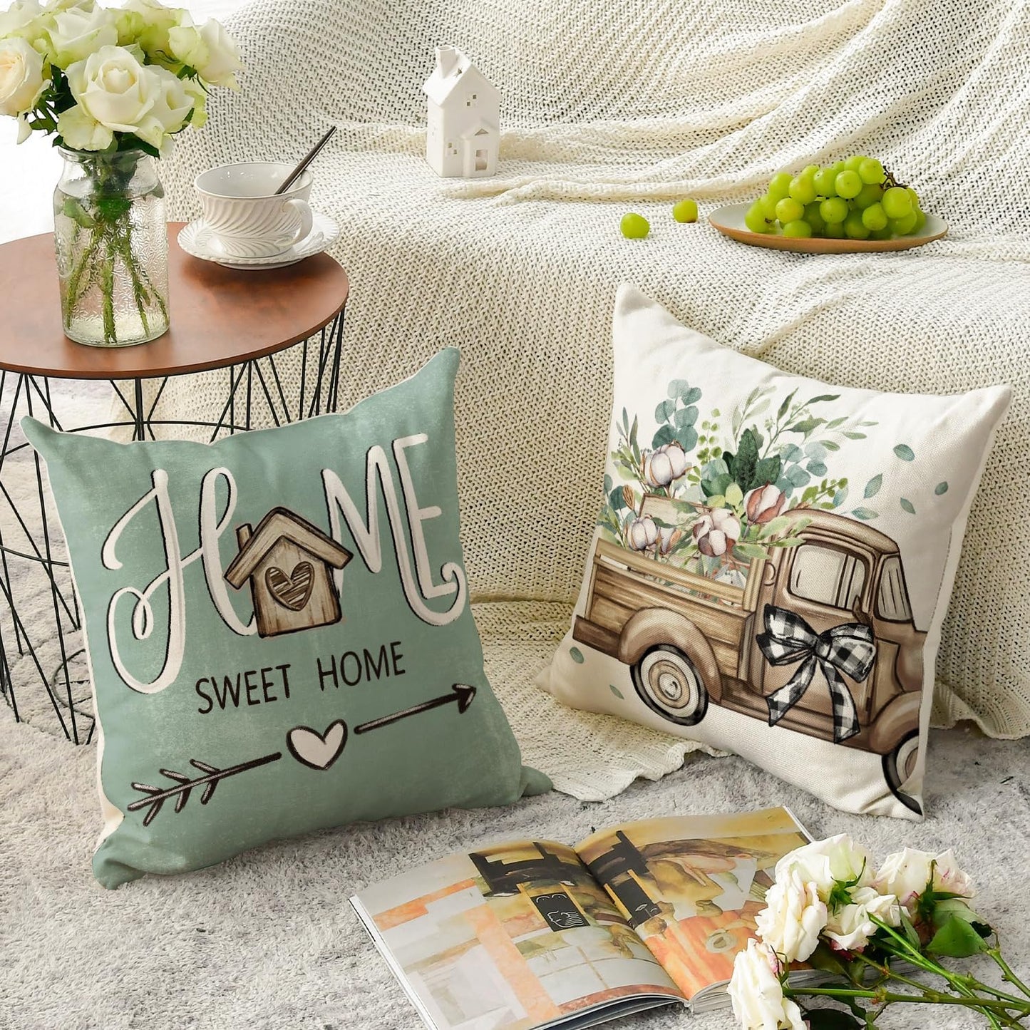 AVOIN colorlife Bless Our Home Farmhouse Eucalyptus Leaves Throw Pillow Covers, 18 x 18 Inch Truck Home Sweet Cushion Case Decorations Set of 4