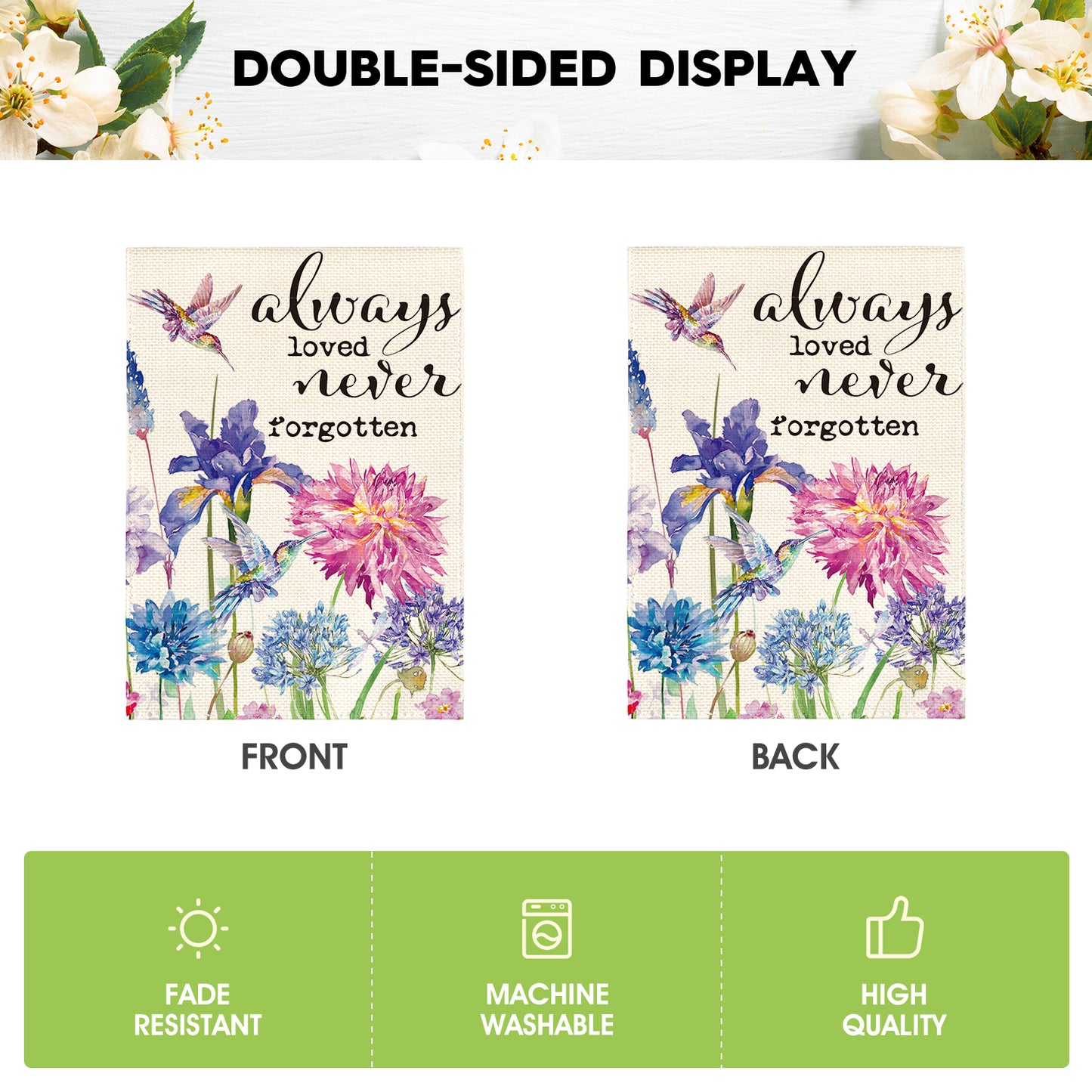 AVOIN colorlife Always Loved Never Forgotten Memorial Garden Flag 12x18 Inch Double Sided Outside, Hummingbird Spring Summer Yard Outdoor Decoration