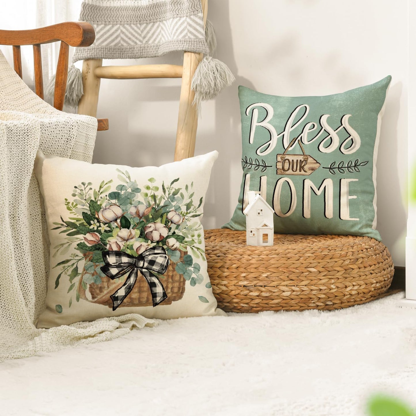 AVOIN colorlife Bless Our Home Farmhouse Eucalyptus Leaves Throw Pillow Covers, 18 x 18 Inch Truck Home Sweet Cushion Case Decorations Set of 4