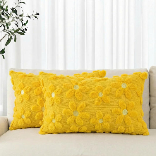 AVOIN colorlife Spring Summer Yellow Daisy Throw Pillow Covers Set of 2, 12 x 20 Inch Seasonal Flora Farmhouse Decor Flower Soft Plush Faux Fur Jacquard Cushion Case for Home Sofa