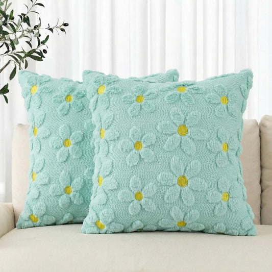 AVOIN colorlife Spring Summer Blue Daisy Throw Pillow Covers Set of 2, 18 x 18 Inch Seasonal Flora Farmhouse Decor Flower Soft Plush Faux Fur Jacquard Cushion Case for Home Sofa