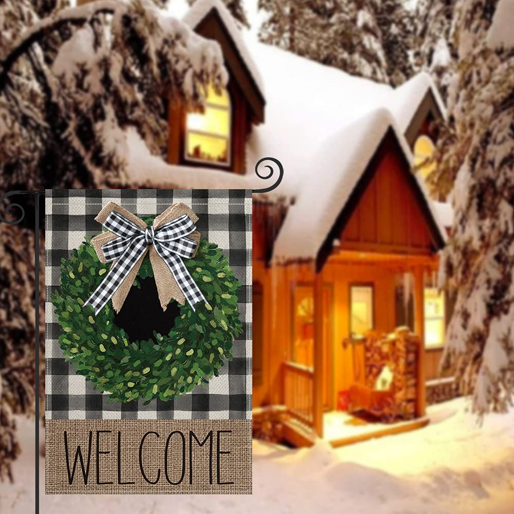 AVOIN colorlife Christmas Boxwood Wreath Welcome Garden Flag With Applique Bow 12x18 Inch Vertical Double Sided, Fall Buffalo Plaid Check Yard Outdoor Decoration