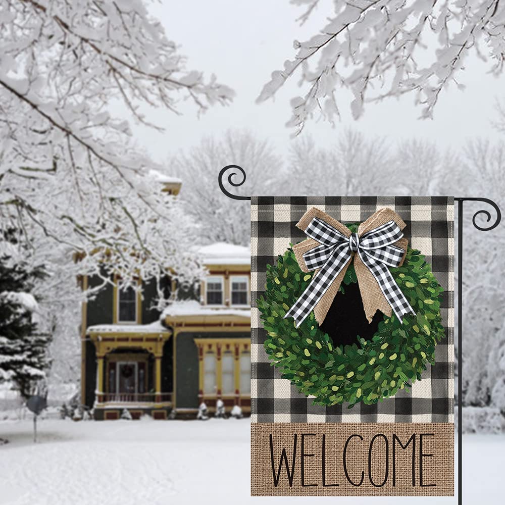 AVOIN colorlife Christmas Boxwood Wreath Welcome Garden Flag With Applique Bow 12x18 Inch Vertical Double Sided, Fall Buffalo Plaid Check Yard Outdoor Decoration