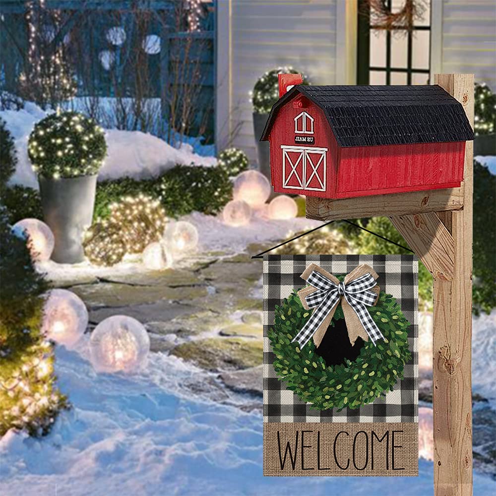 AVOIN colorlife Christmas Boxwood Wreath Welcome Garden Flag With Applique Bow 12x18 Inch Vertical Double Sided, Fall Buffalo Plaid Check Yard Outdoor Decoration