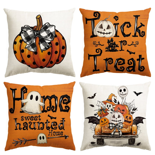 Polka Dot Pumpkin Jack-O'-Lantern Trick or Treat Truck Halloween Throw Pillow Cover 18 x 18 Inch Decorative Outdoor Cushion Covers Set of 4