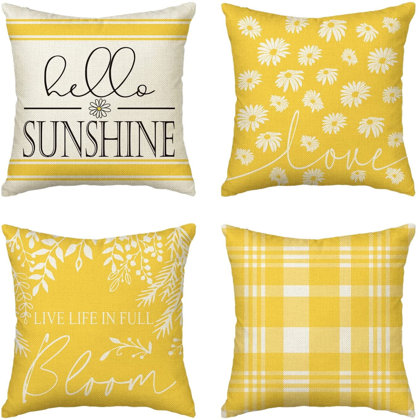 Hello Sunshine Live Life in Full Bloom Daisy Summer Throw Pillow Covers 18 x 18 Inch Set of 4 Yellow Square