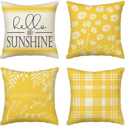 Hello Sunshine Live Life in Full Bloom Daisy Summer Throw Pillow Covers 18 x 18 Inch Set of 4 Yellow Square