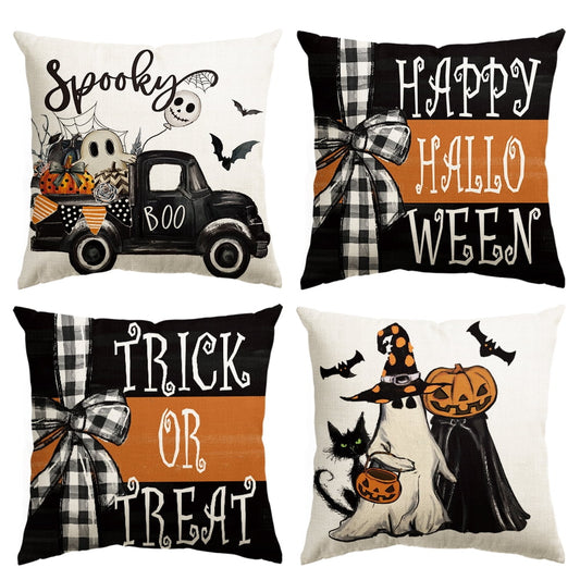 Jack-O'-Lantern Trick or Treat Ghost Black Cat Spider Web Halloween Throw Pillow Cover 18 x 18 Inch Decorative Outdoor Cushion Covers Set of 4