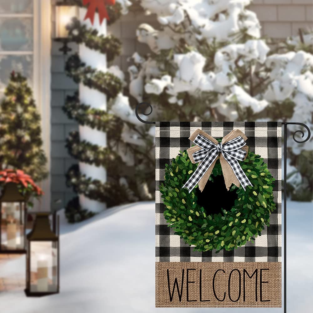 AVOIN colorlife Christmas Boxwood Wreath Welcome Garden Flag With Applique Bow 12x18 Inch Vertical Double Sided, Fall Buffalo Plaid Check Yard Outdoor Decoration