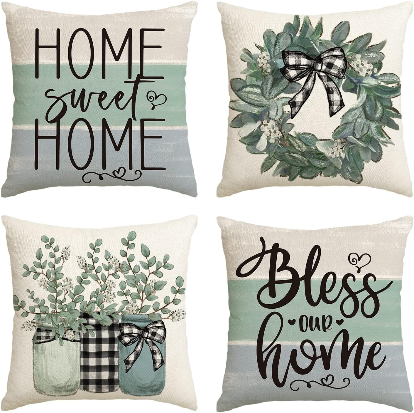 Home Sweet Home Eucalyptus Wreath Throw Pillow Covers for Spring Summer 18 x 18 Inch Set of 4