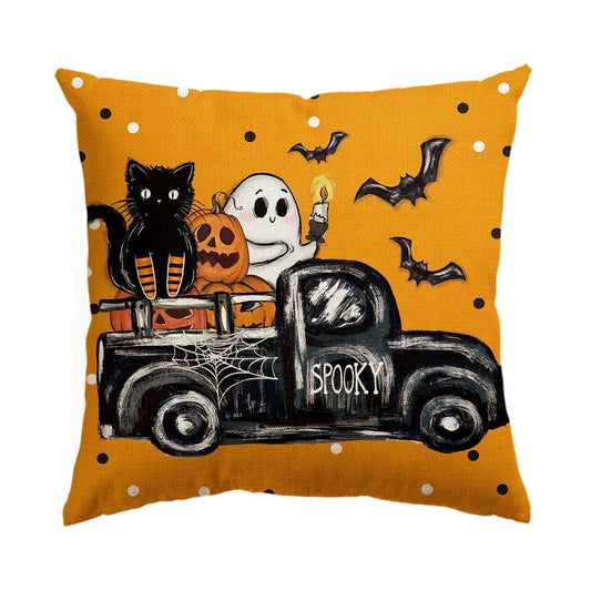 Jack-O'-Lantern Truck Ghost Black Cat Polka Dot Halloween Throw Pillow Cover 18 x 18 Inch Orange Decorative Outdoor Cushion Covers