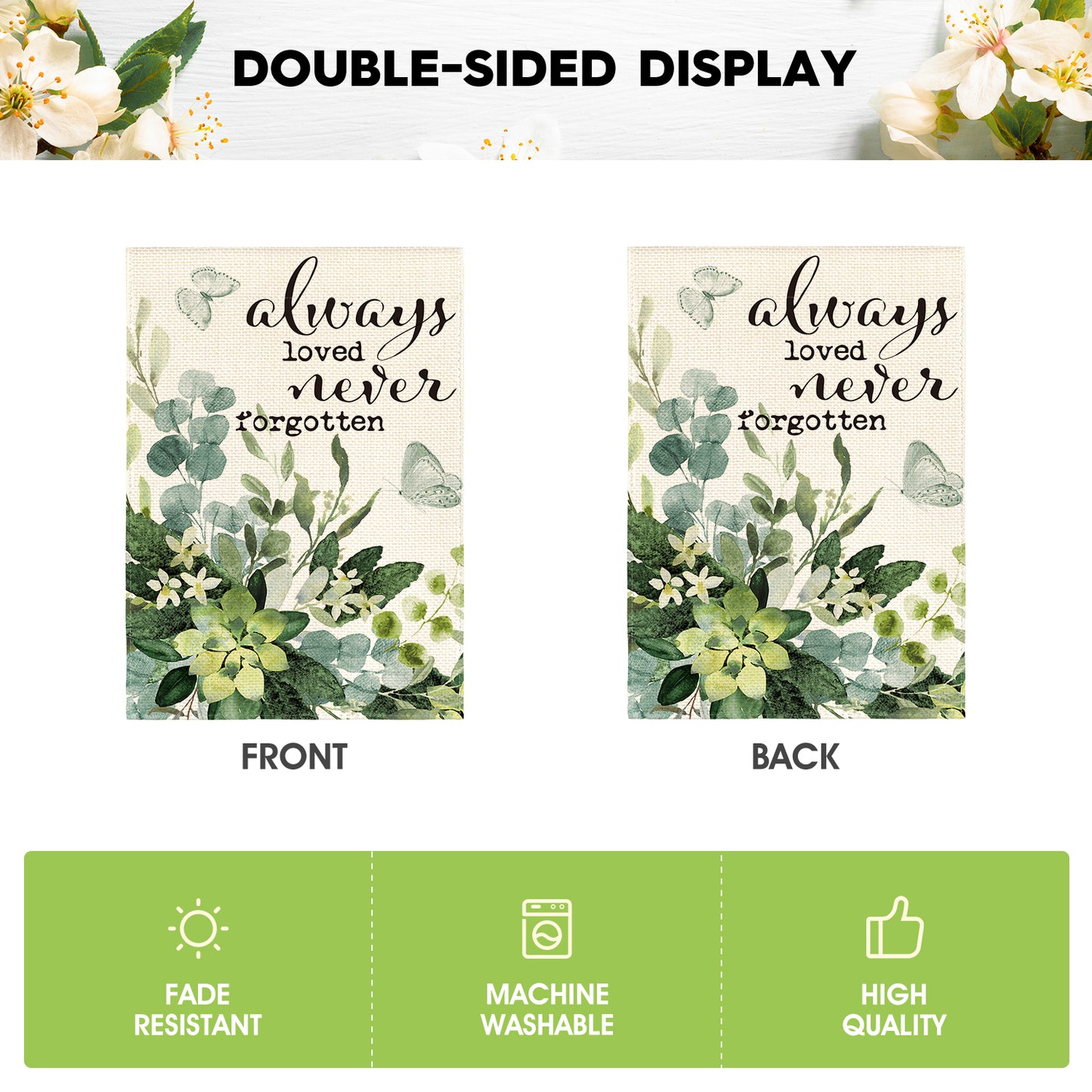 AVOIN colorlife Always Loved Never Forgotten Memorial Garden Flag 12x18 Inch Double Sided Outside, Eucalyptus Spring Summer Yard Outdoor Decoration