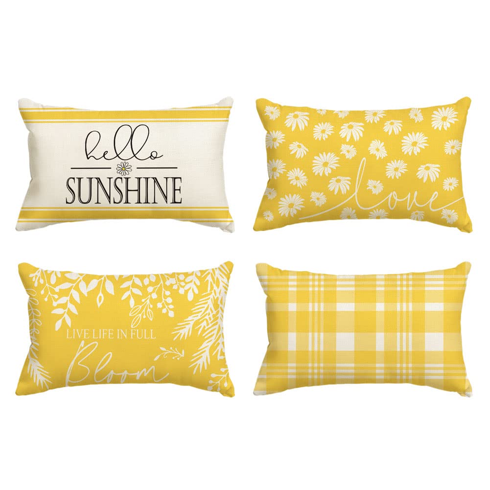 AVOIN colorlife Hello Sunshine Throw Pillow Covers 12 x 20 Inch Set of 4, Live Life in Full Bloom Daisy Summer Decorations for Home