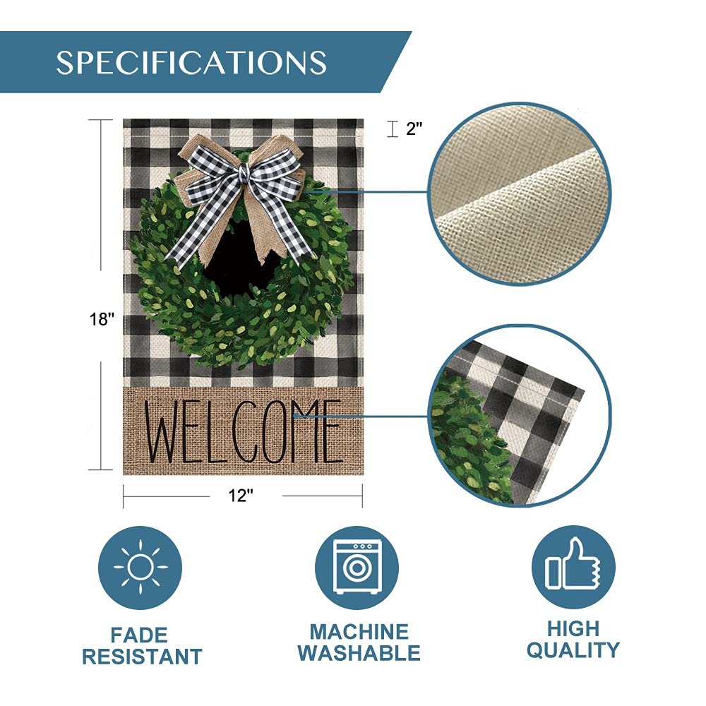 AVOIN colorlife Christmas Boxwood Wreath Welcome Garden Flag With Applique Bow 12x18 Inch Vertical Double Sided, Fall Buffalo Plaid Check Yard Outdoor Decoration
